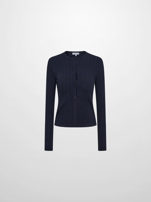 Silk Knit Ribbed Cardigan 20" - Navy