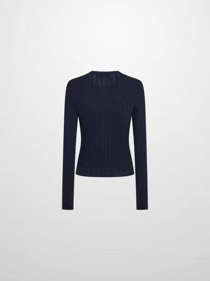 Silk Knit Ribbed Cardigan 20" - Navy