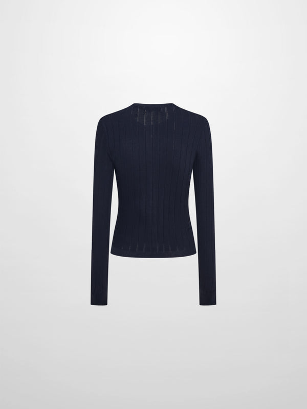 Silk Knit Ribbed Cardigan 20" - Navy