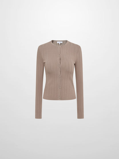 Silk Knit Ribbed Cardigan 20"- Warm Taupe