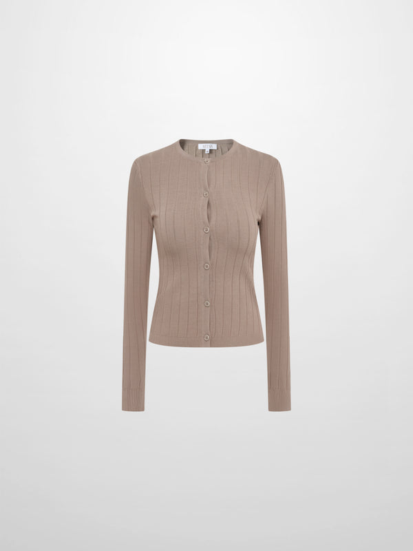 Silk Knit Ribbed Cardigan 20"- Warm Taupe
