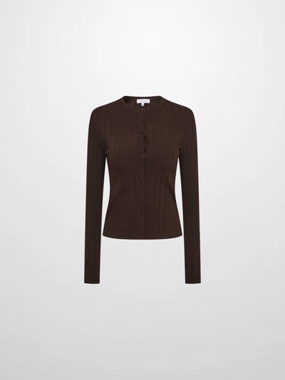 Silk Knit Ribbed Cardigan 20"- Brown