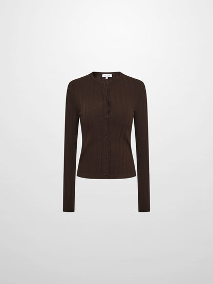 Silk Knit Ribbed Cardigan 20"- Brown