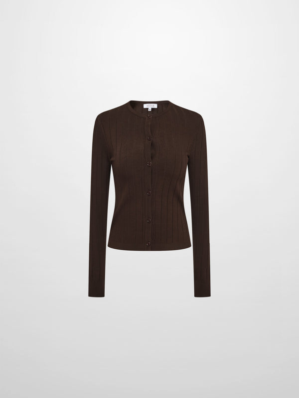 Silk Knit Ribbed Cardigan 20"- Brown