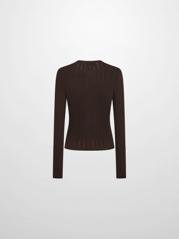 Silk Knit Ribbed Cardigan 20"- Brown