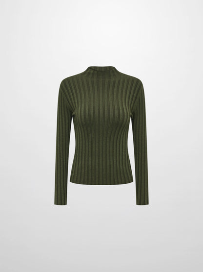 Lurex Ribbed Mock Neck Sweater - Olive