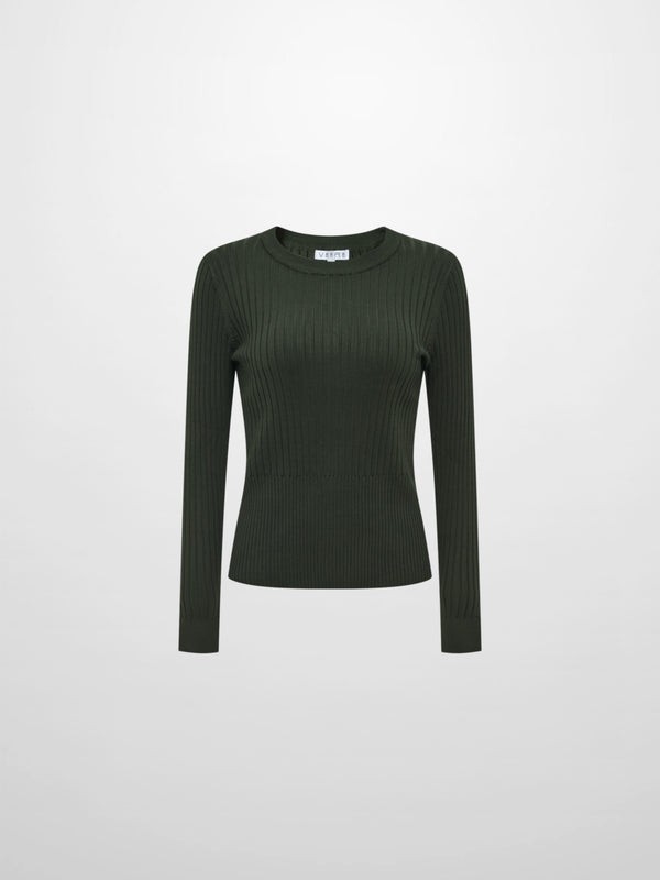 Soft Thin Ribbed Banded Sweater - Green