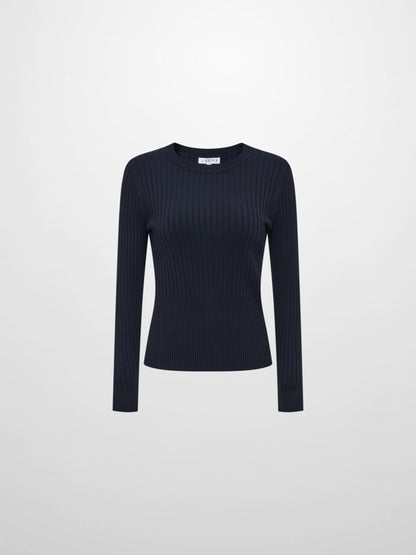 Soft Thin Ribbed Banded Sweater - Navy