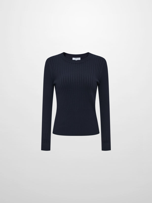 Soft Thin Ribbed Banded Sweater - Navy