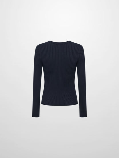 Soft Thin Ribbed Banded Sweater - Navy