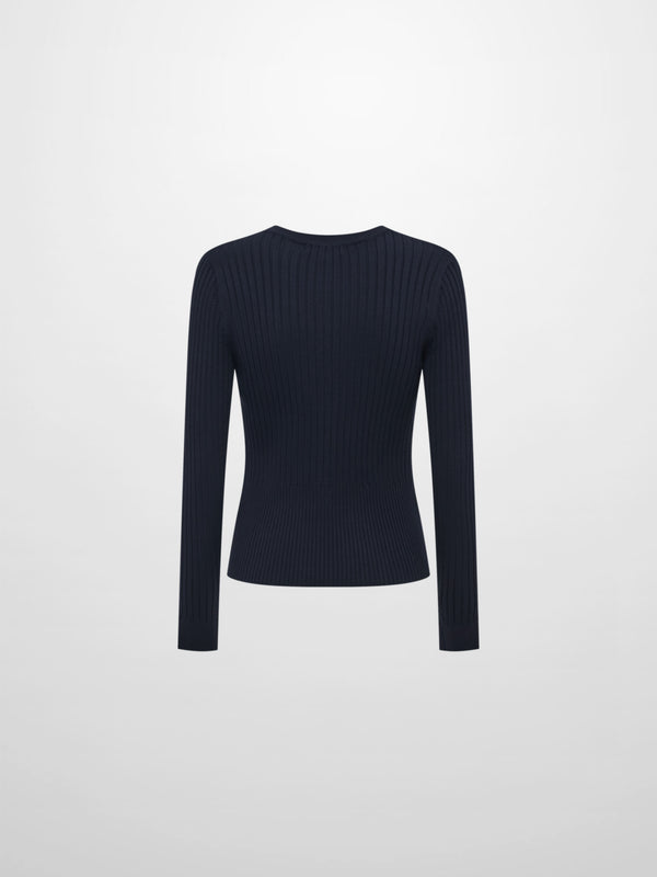 Soft Thin Ribbed Banded Sweater - Navy