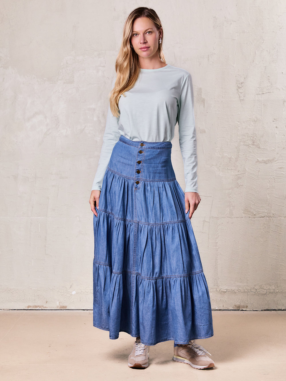 Button Prairie Denim Skirt-Blue