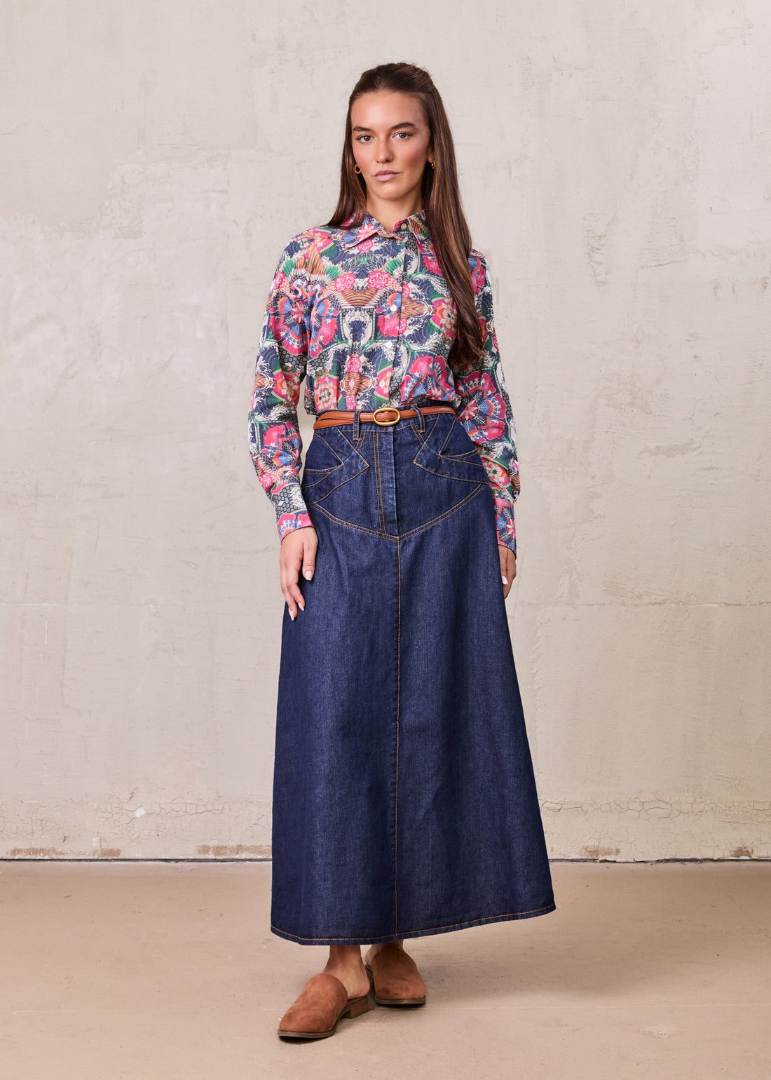 Printed Crinkle Button Down Blouse-Mosaic