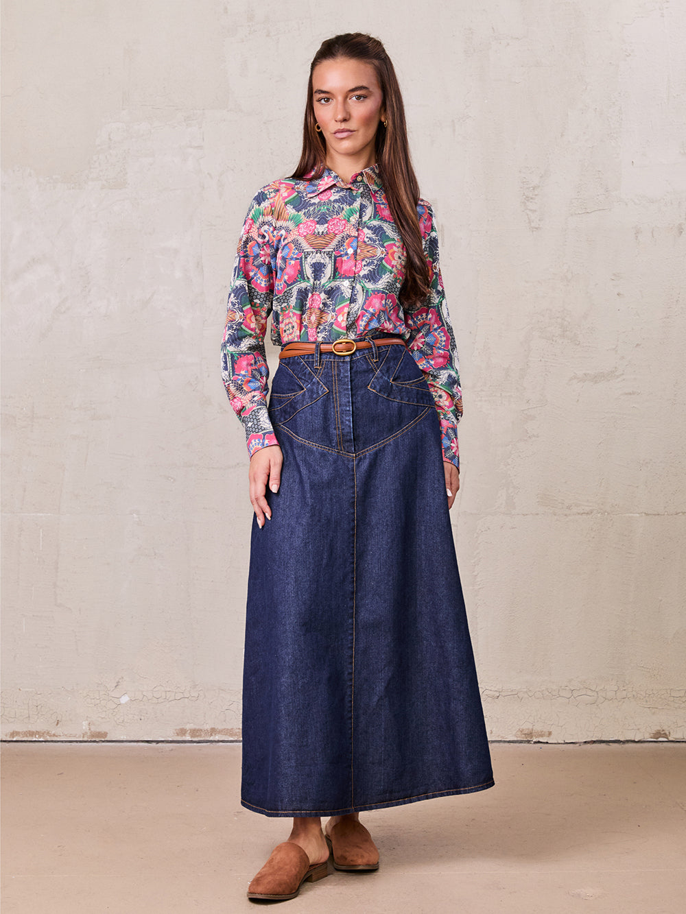 Stitched Design Denim Skirt-Dark Blue