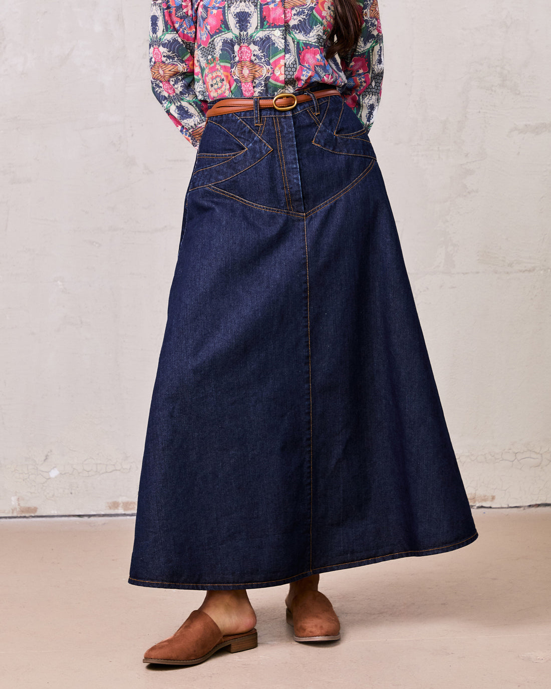 Stitched Design Denim Skirt-Dark Blue