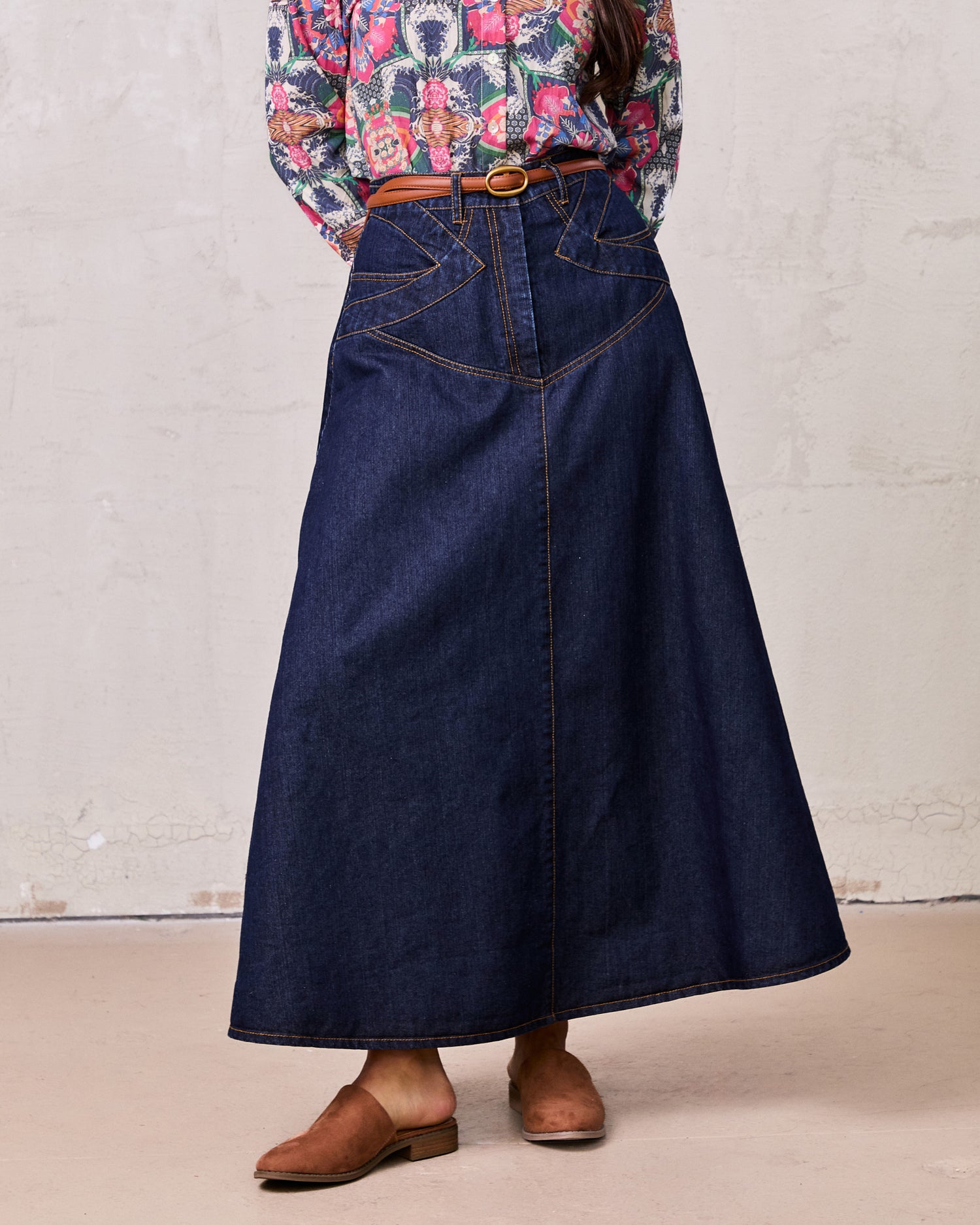 Stitched Design Denim Skirt-Dark Blue