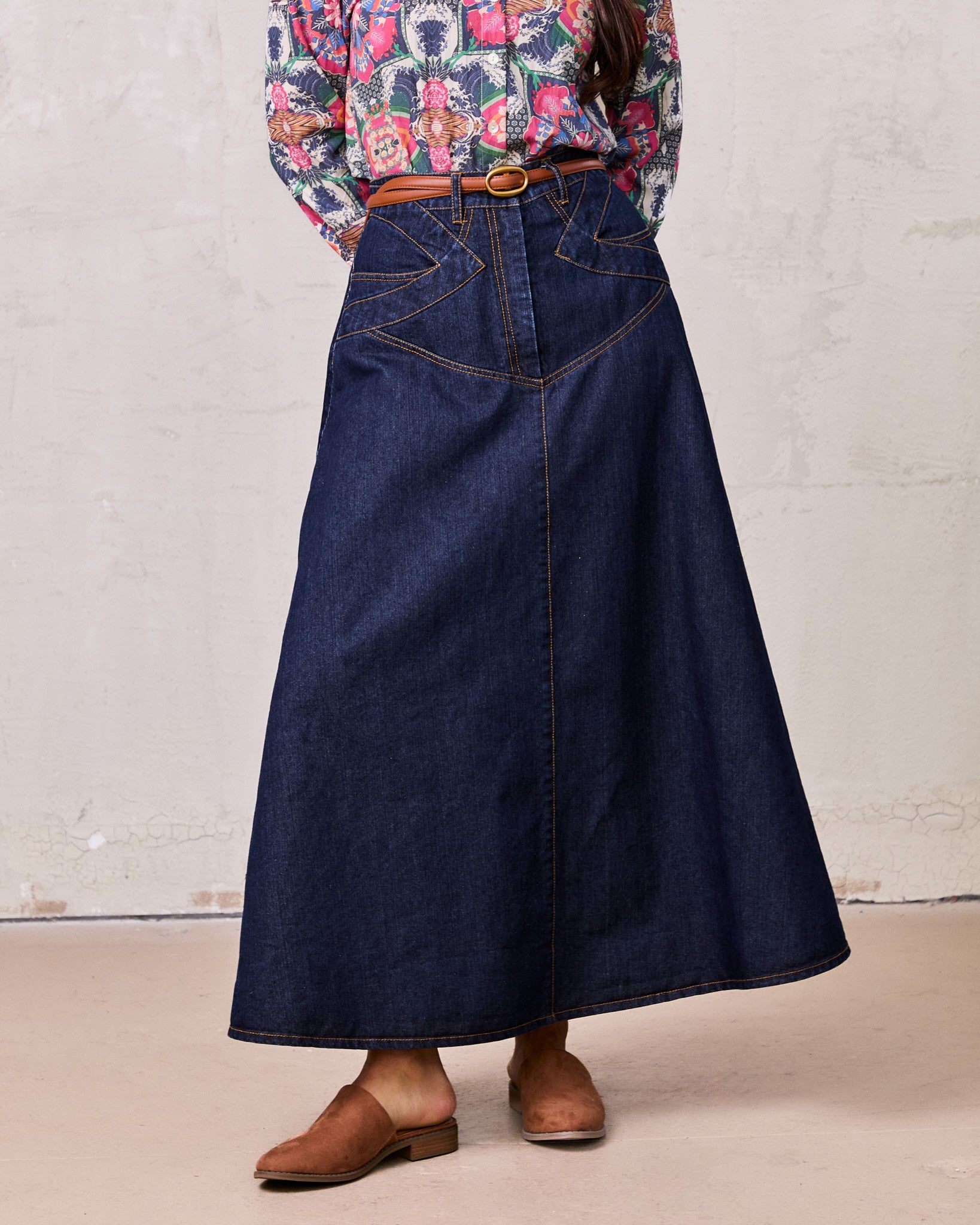 Stitched Design Denim Skirt-Dark Blue