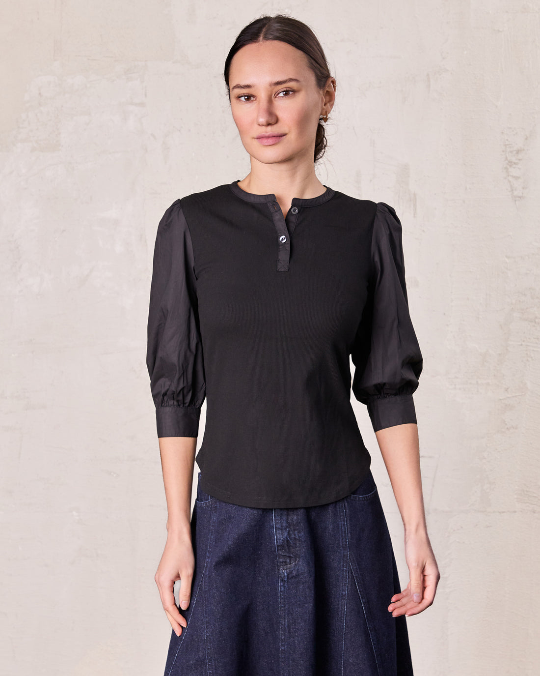 Puff Sleeve Ribbed T-Shirt-Black