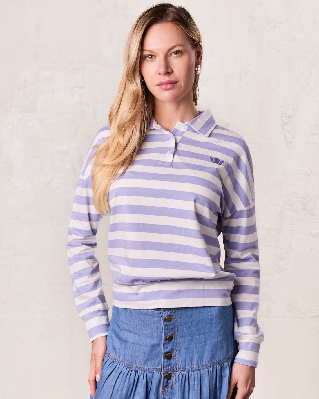 Striped Collar Bomber Tee-Lavender/White