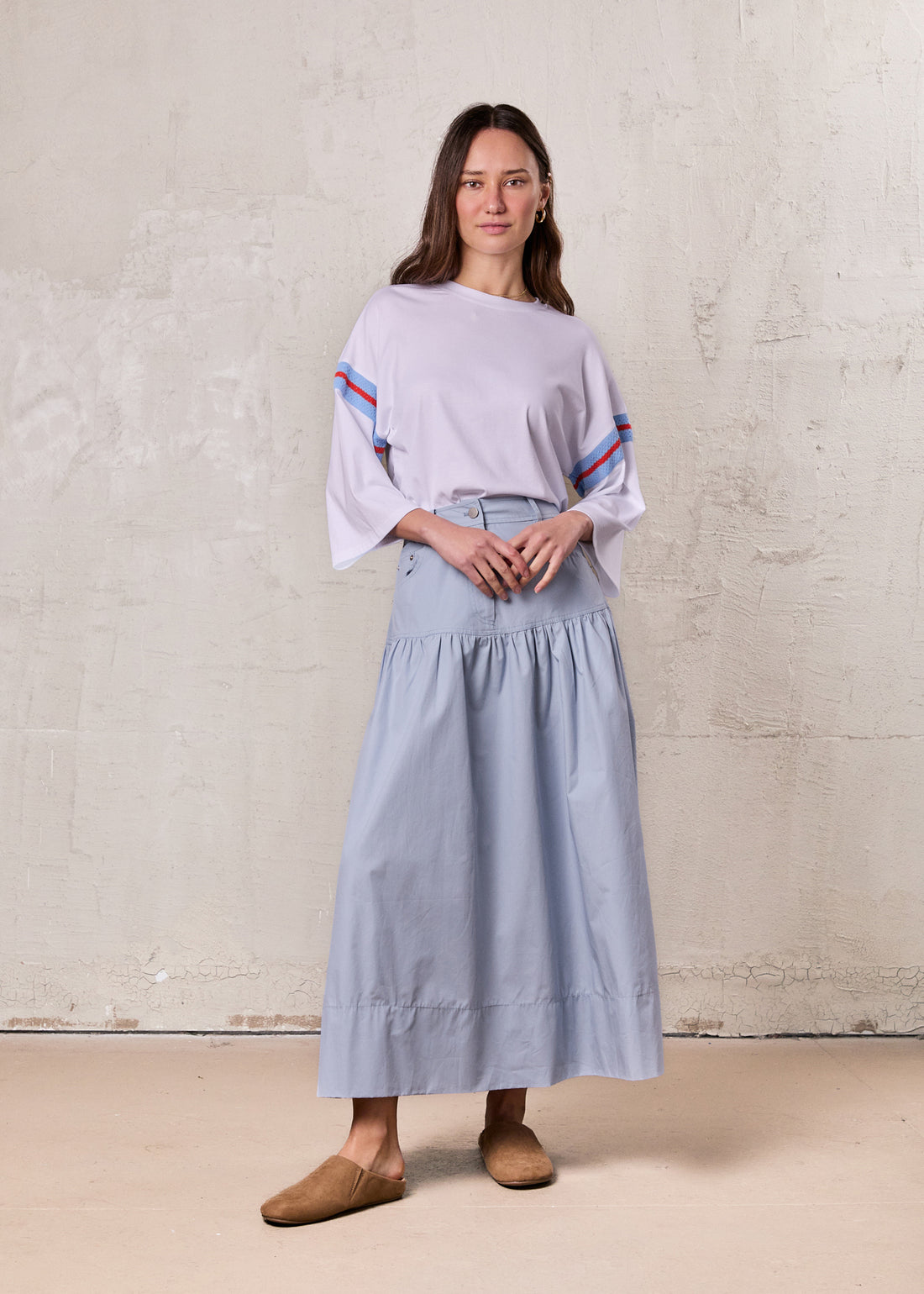 Gathered Drop Waist Yoke Skirt-Light Blue