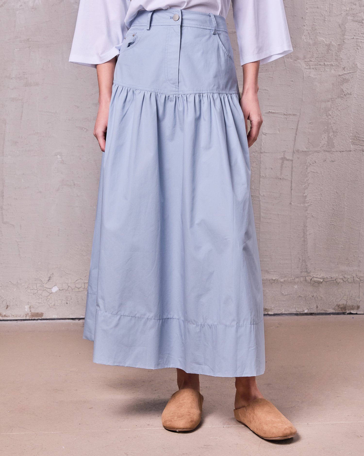 Gathered Drop Waist Yoke Skirt-Light Blue
