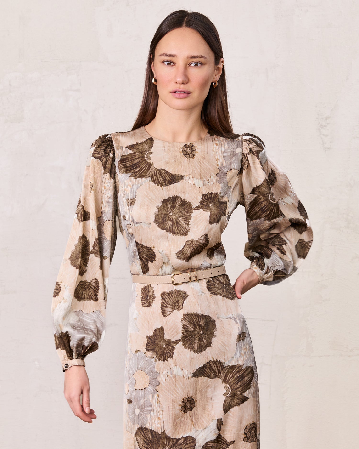 Belted Full Sleeve Dress-Floral