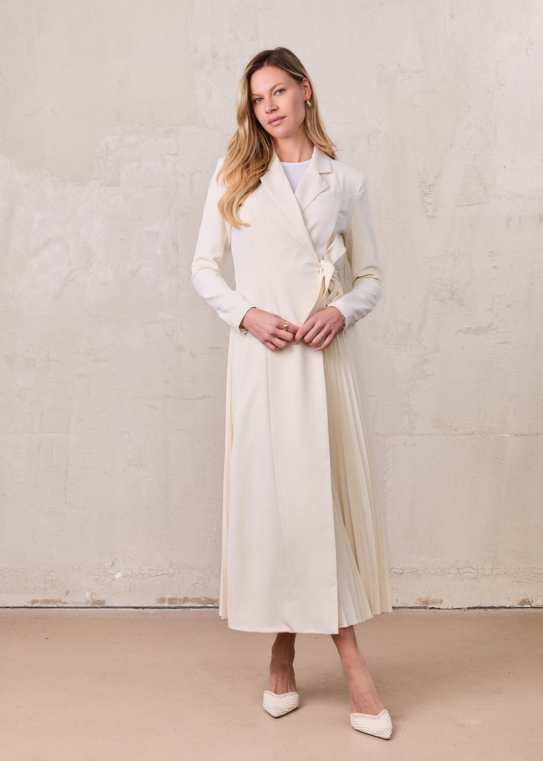 Side Tie Pleat Wrap Dress-Cream