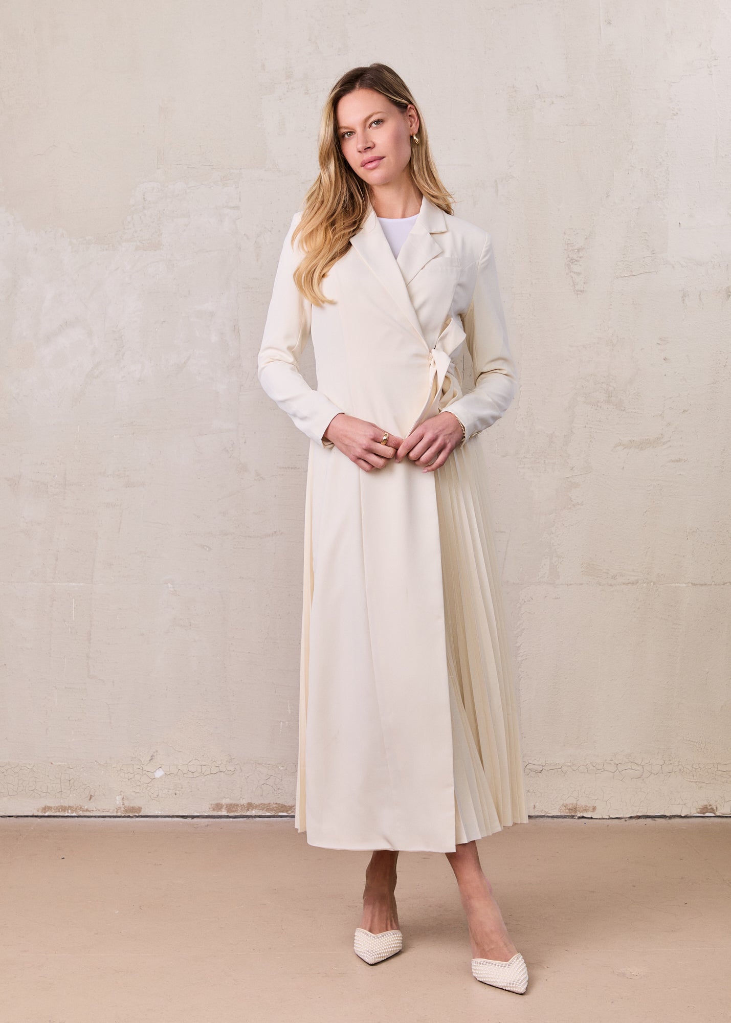 Side Tie Pleat Wrap Dress-Cream
