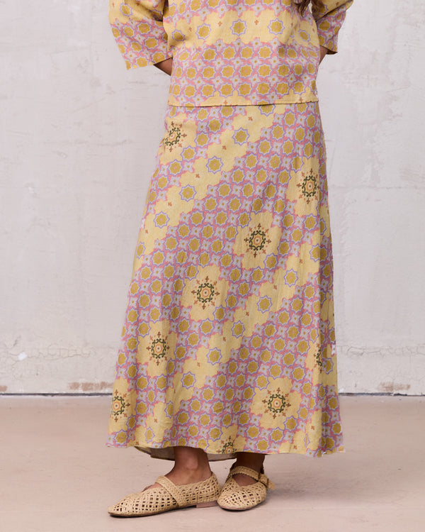 Printed Linen Blend Slip Skirt-Geometric