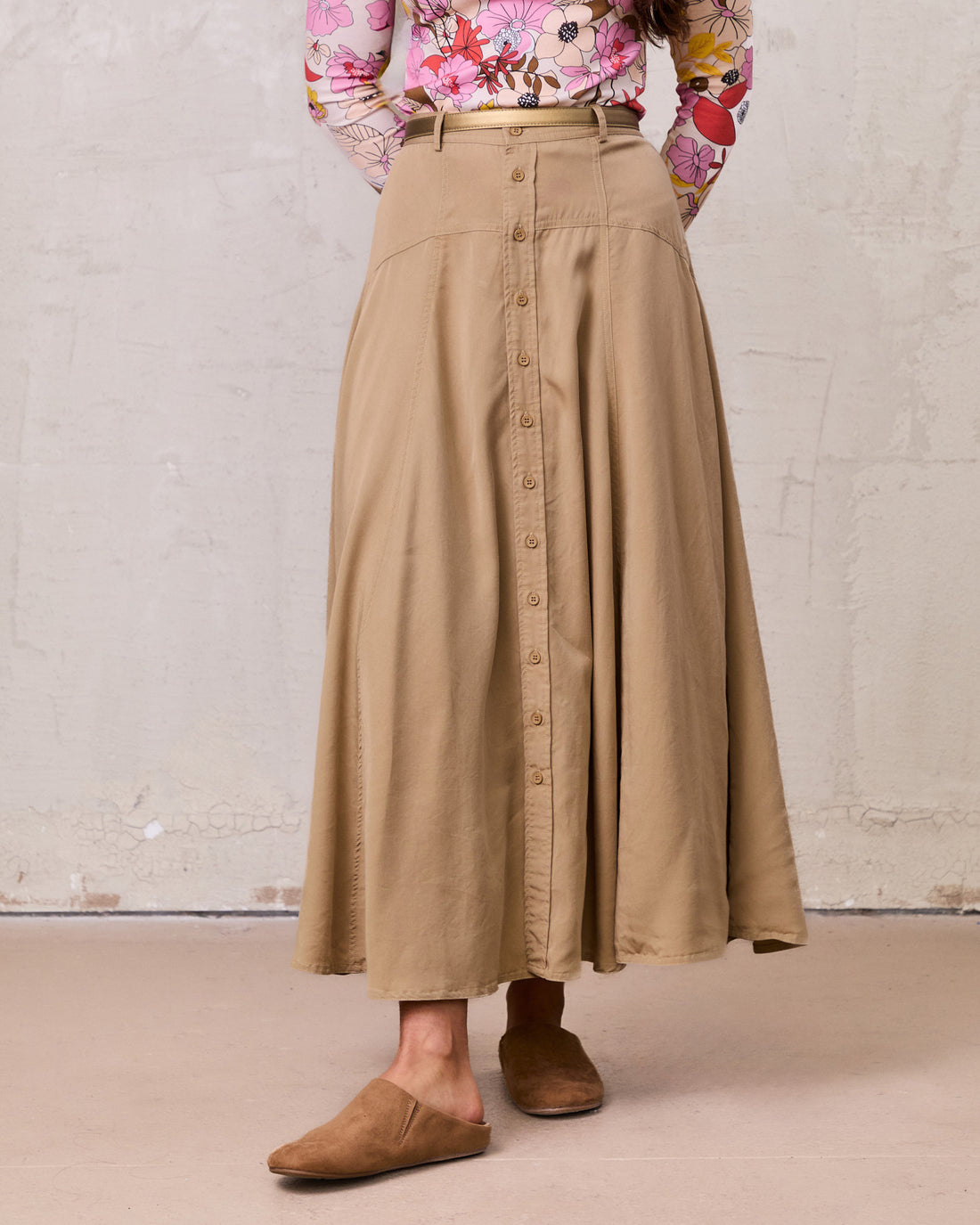 Tencel Yoke Button Down Skirt-Tan