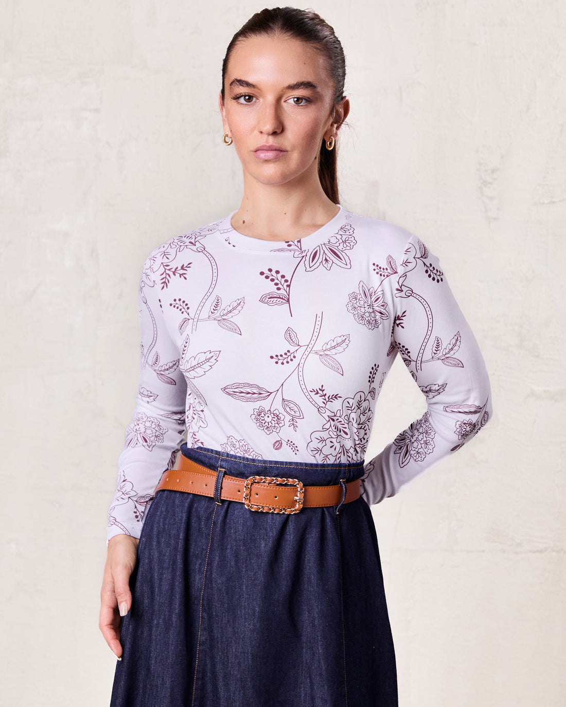 Basic Printed T-shirt-Burgundy Flower