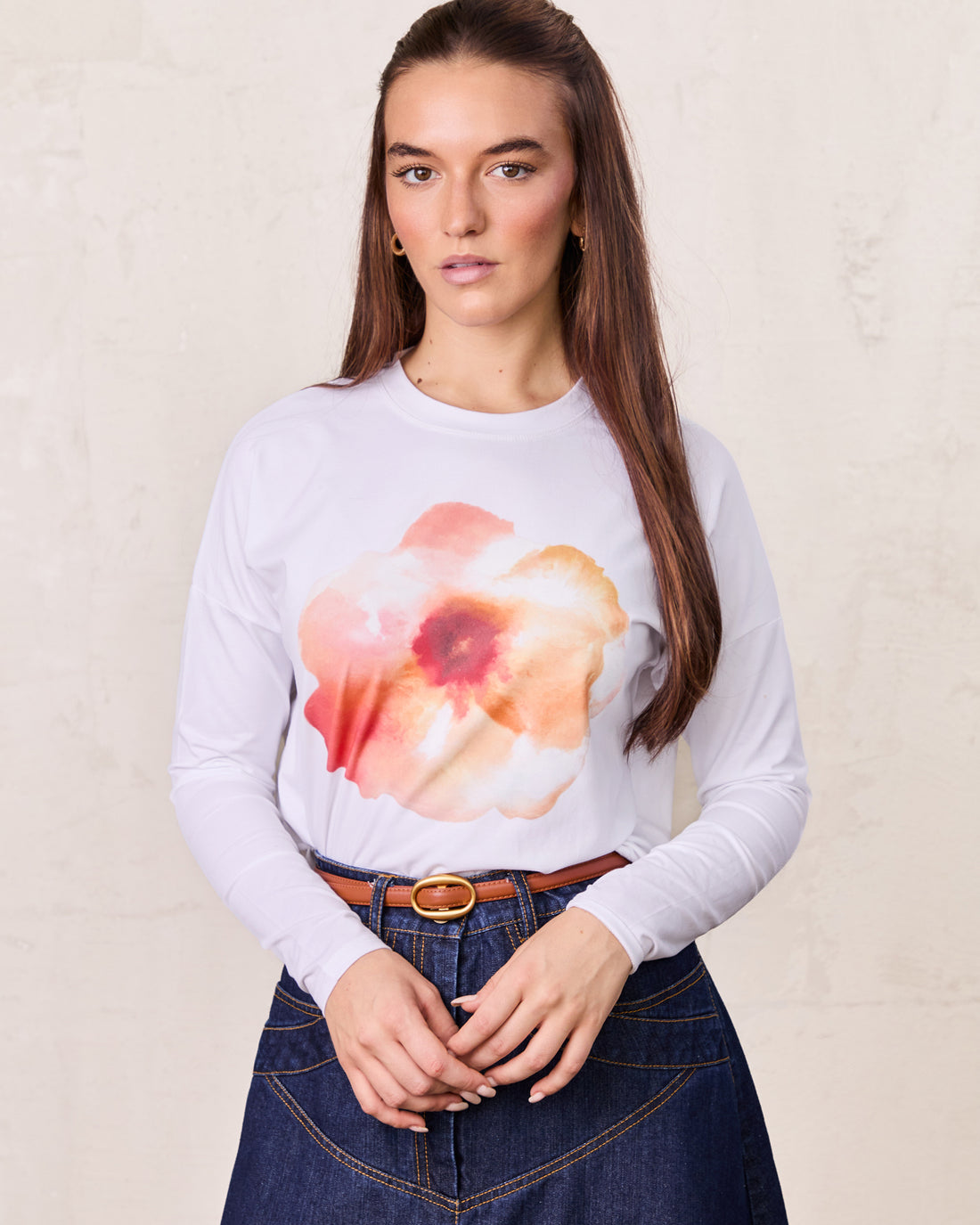 Motif Printed Tee-Peach Flower