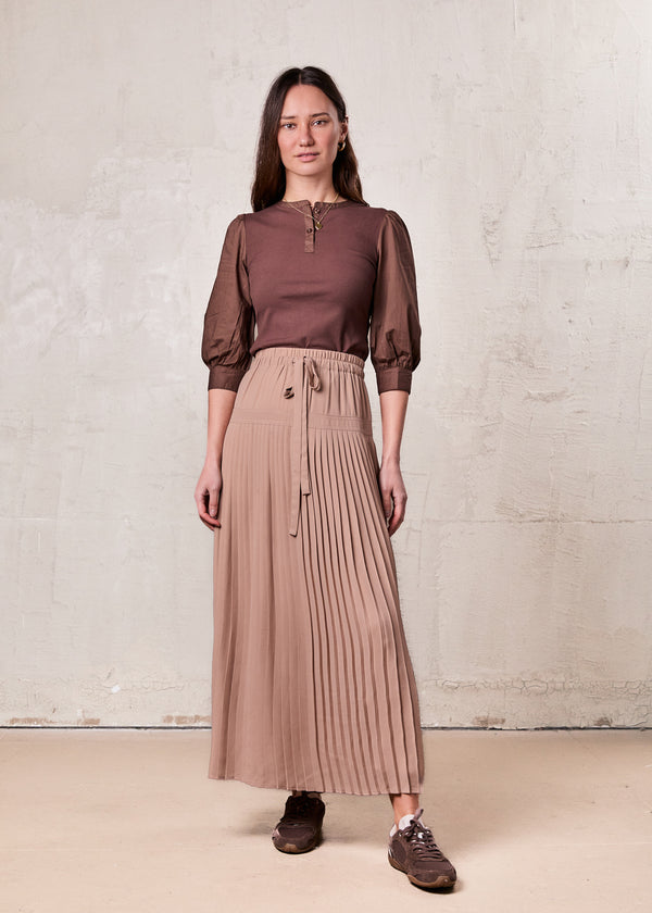 Puff Sleeve Ribbed T-Shirt-Brown