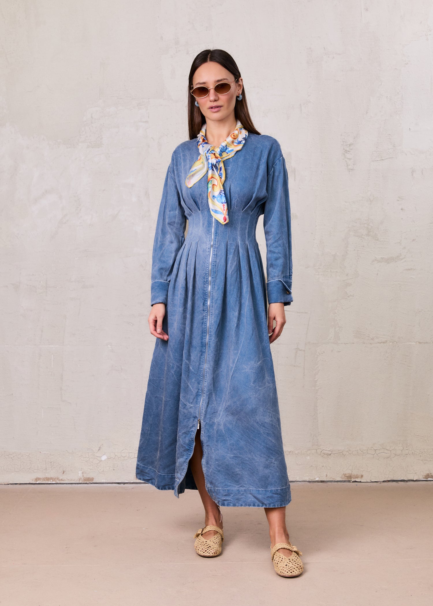 Front Pleat Denim Dress-Blue