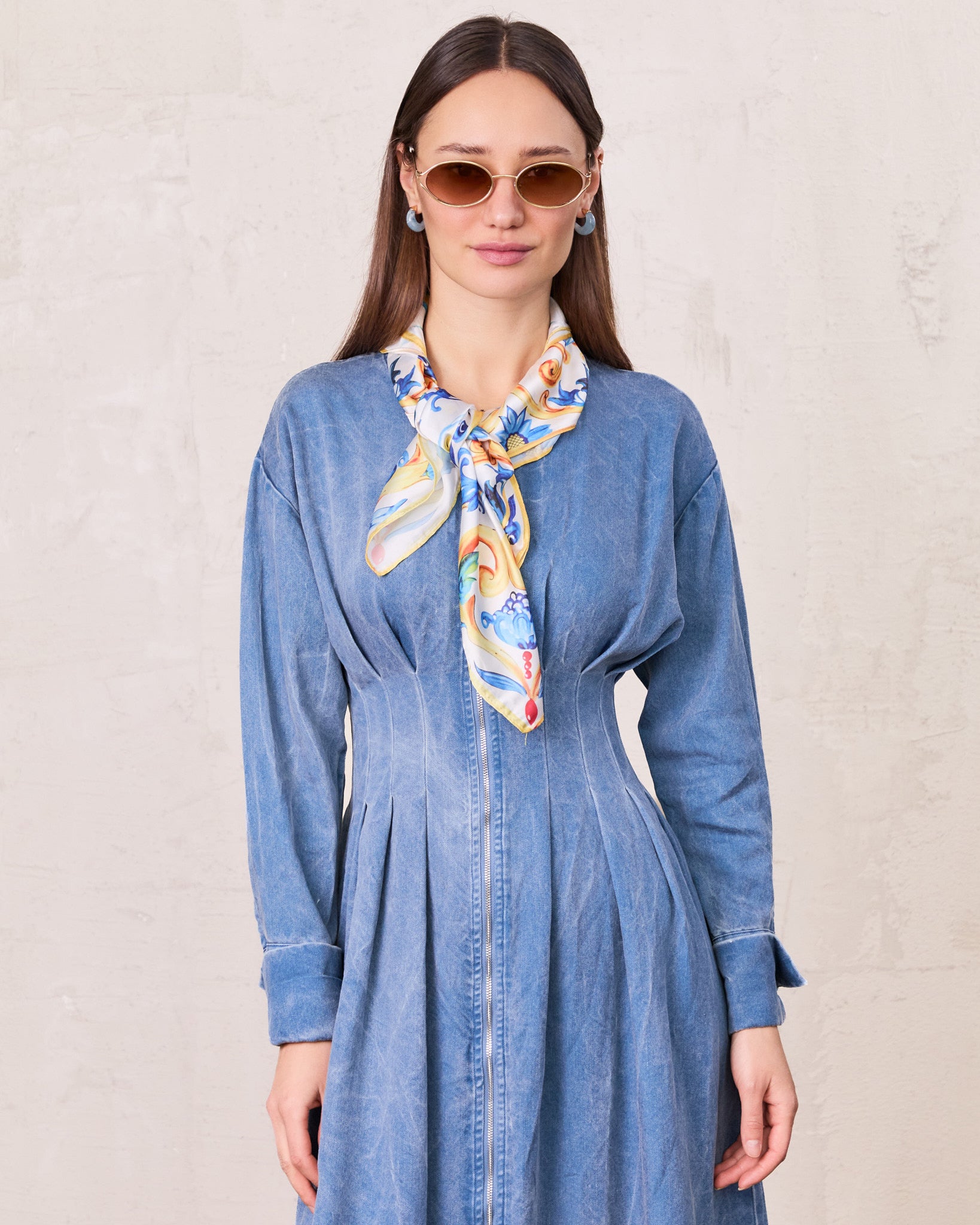 Front Pleat Denim Dress-Blue
