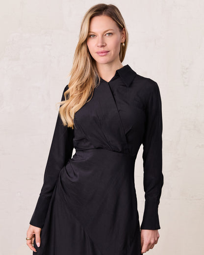 Crossover Side Pleat Dress-Black