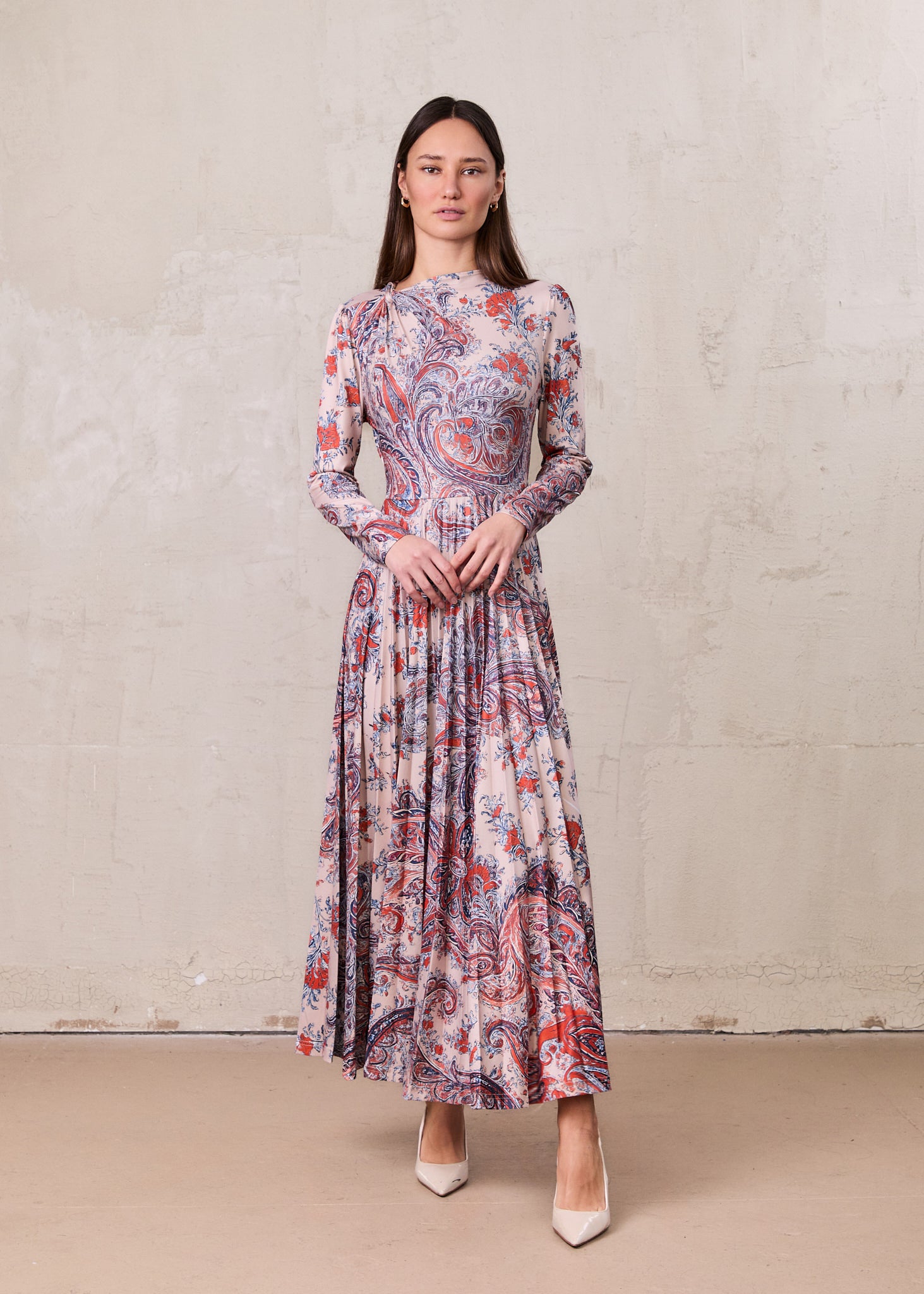 Side Knot Pleat Dress-Paisley