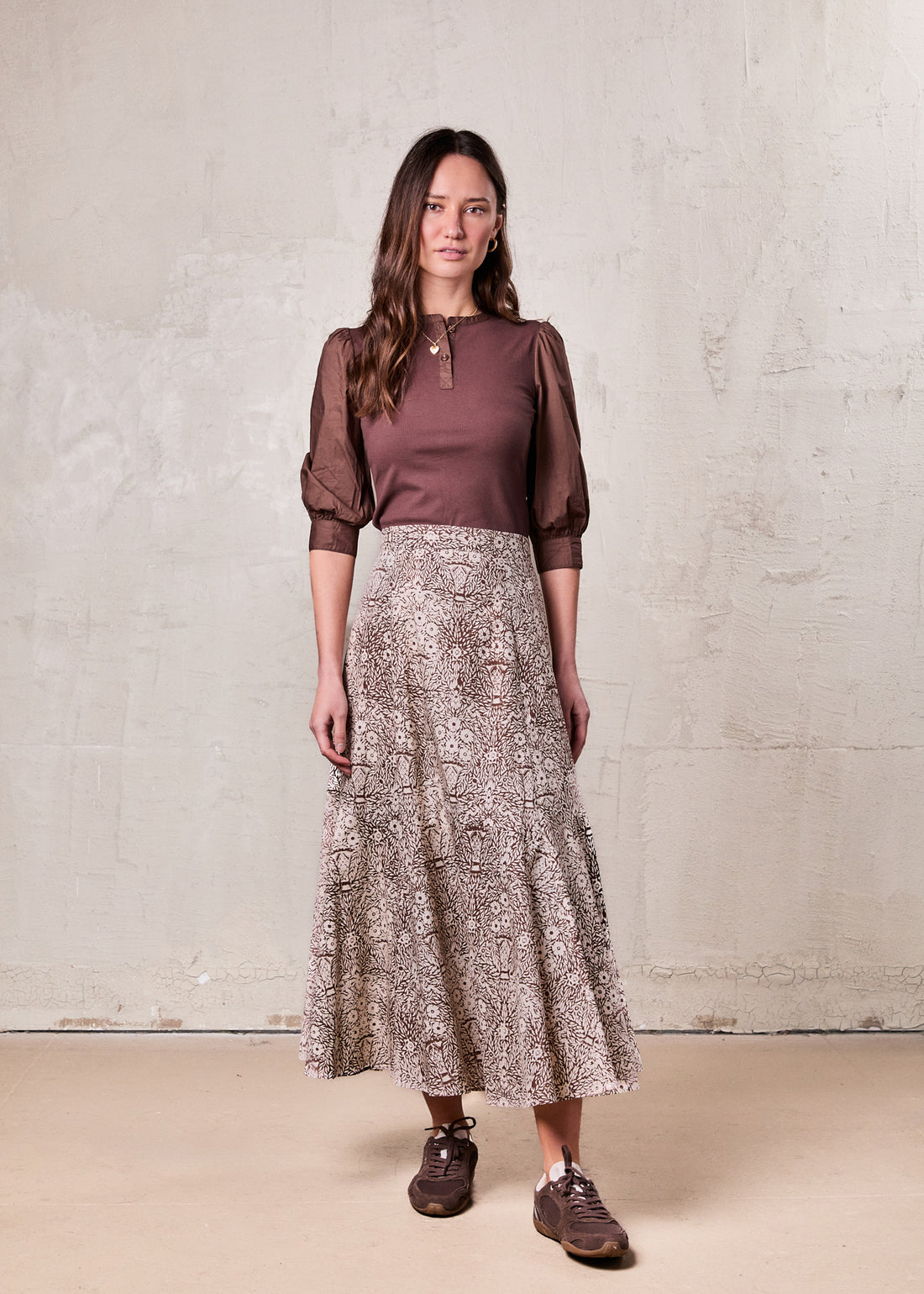 Floral Print Trumpet Skirt-Brown