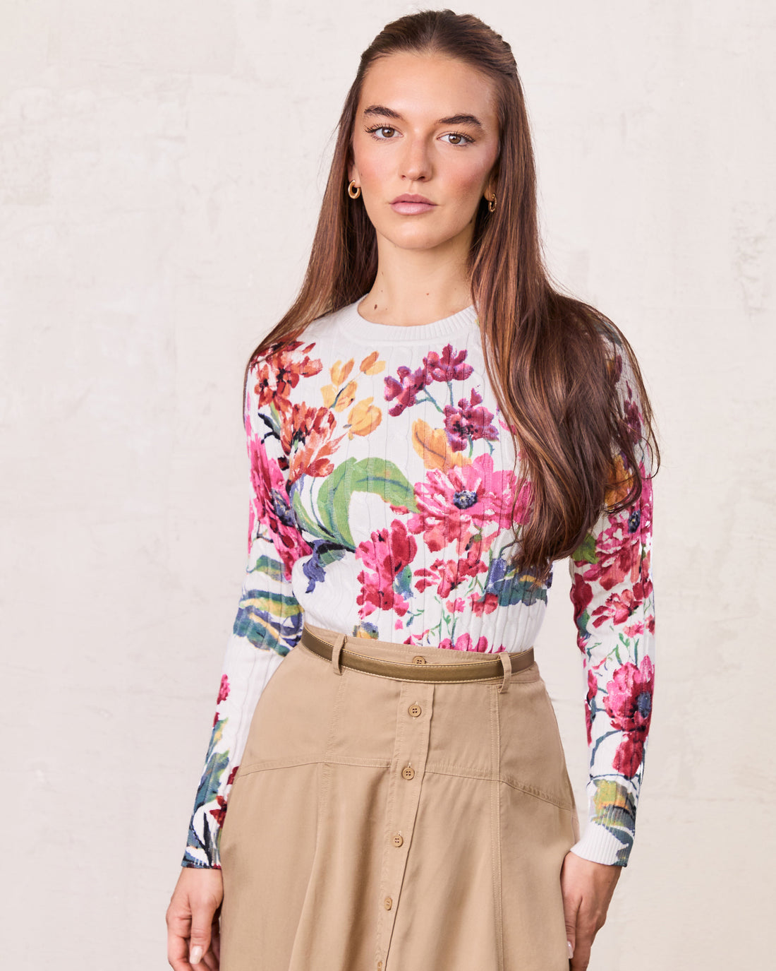 Printed Cable Sweater-Scattered Flowers