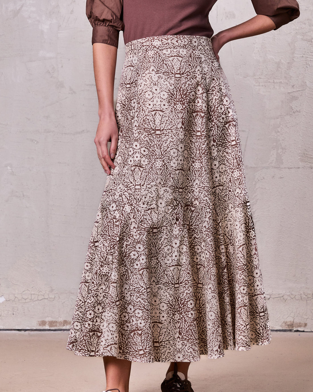 Floral Print Trumpet Skirt-Brown