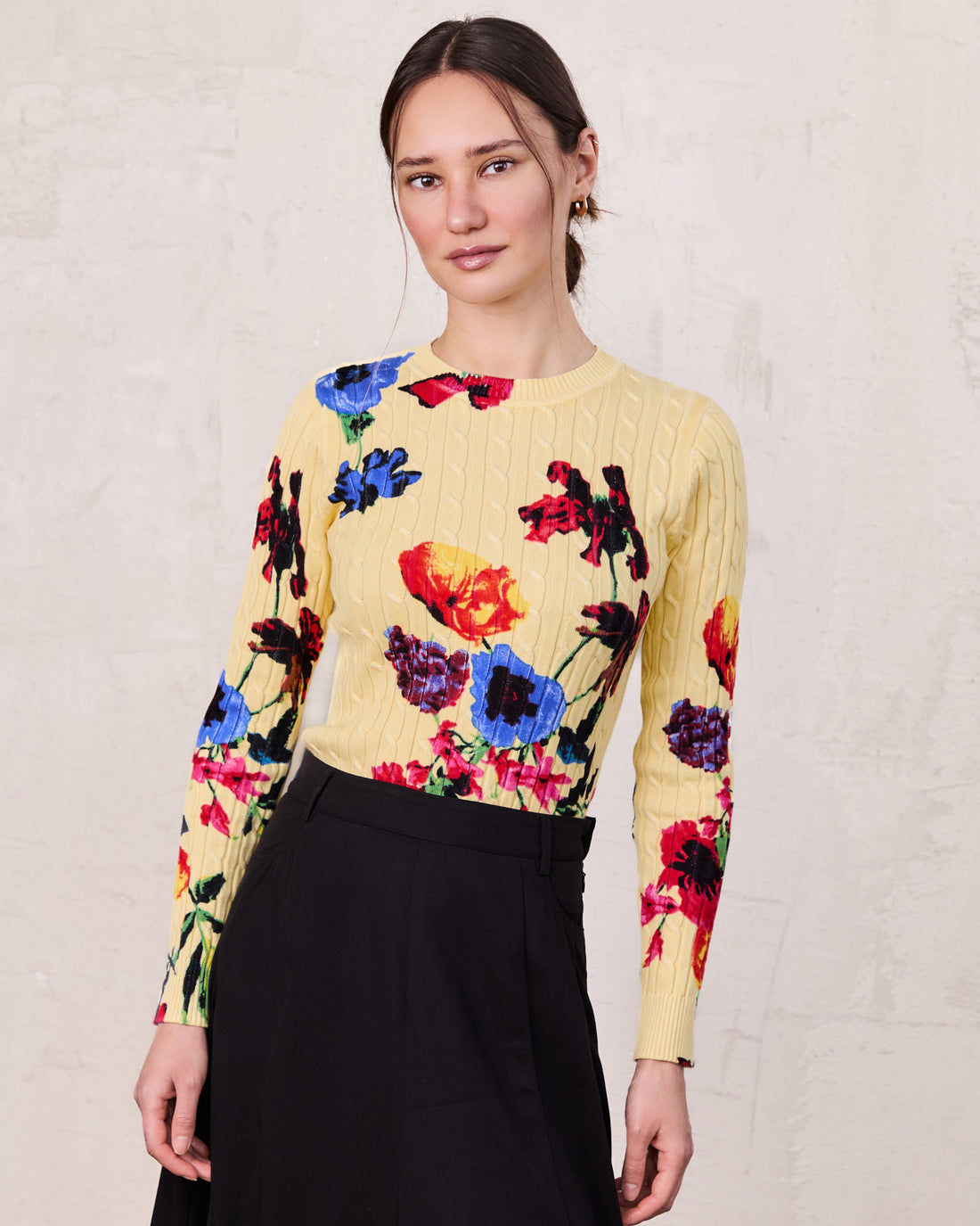Printed Cable Sweater-Vibrant Floral