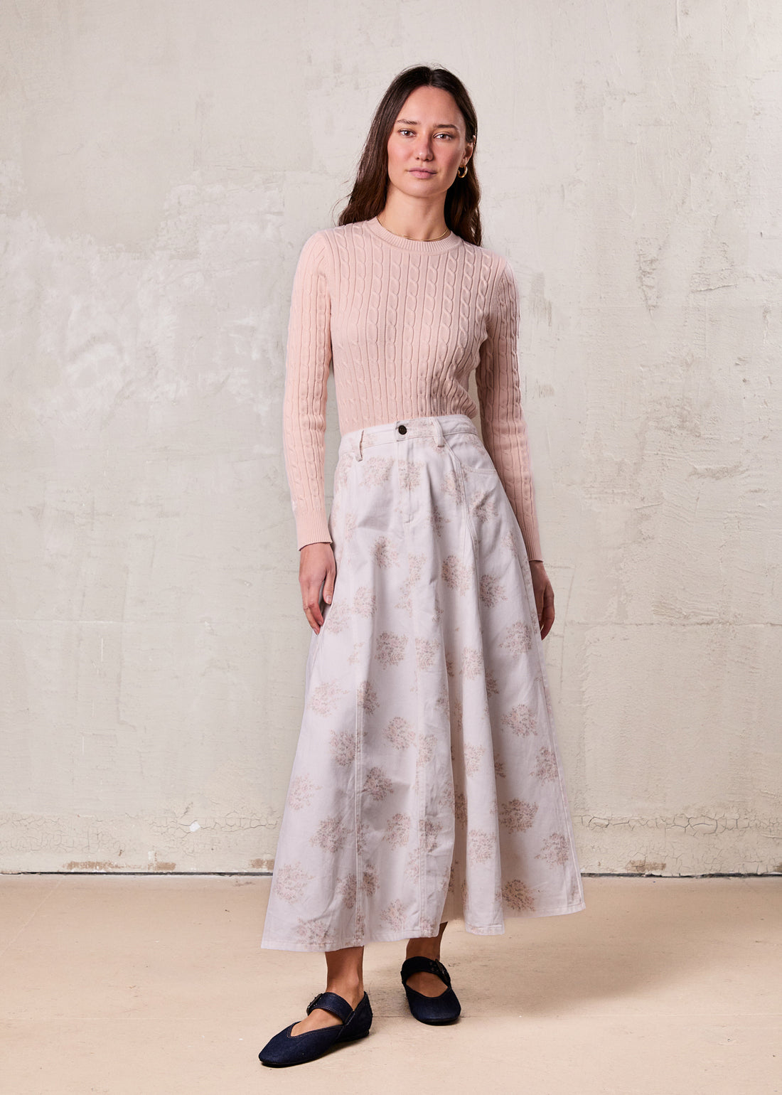 Crew Neck Cable Sweater-Peach