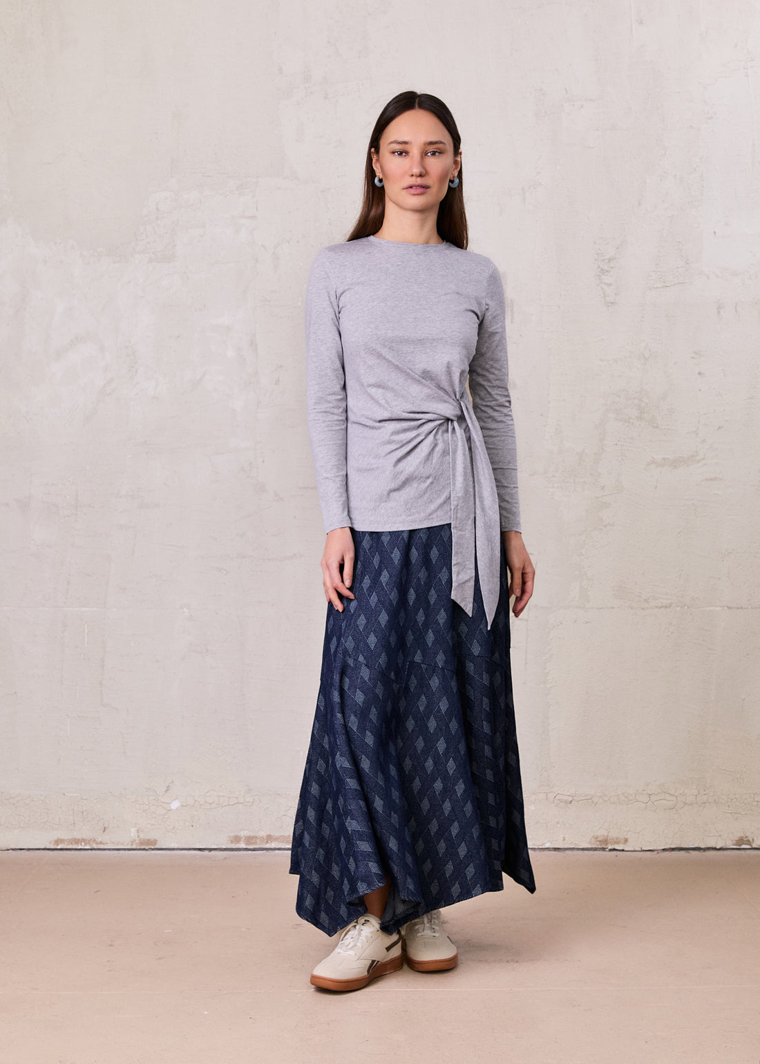 Printed Denim Trumpet Style Skirt-Diamond Weave
