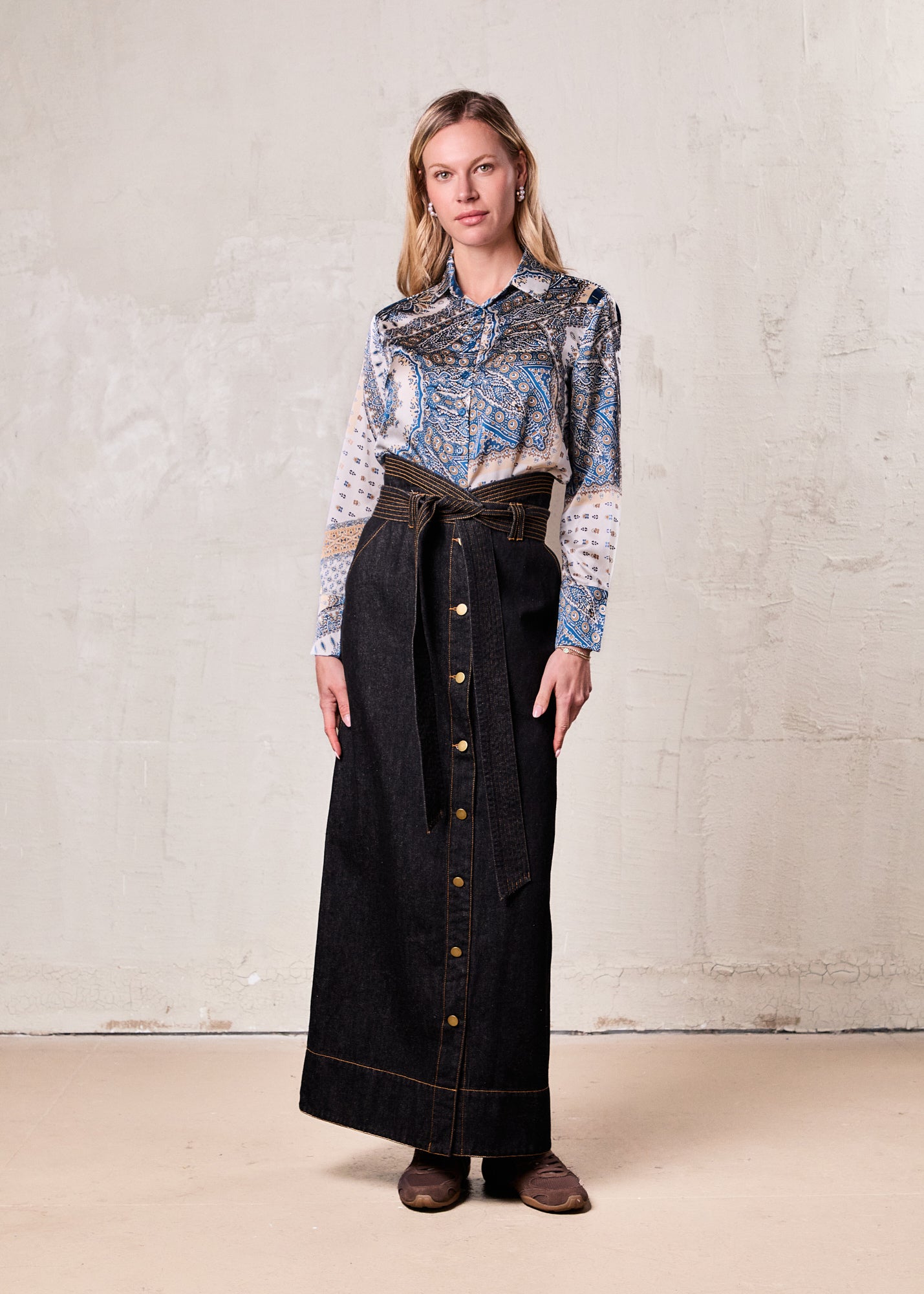 Button Down Collared Blouse-Teal Faux Satin