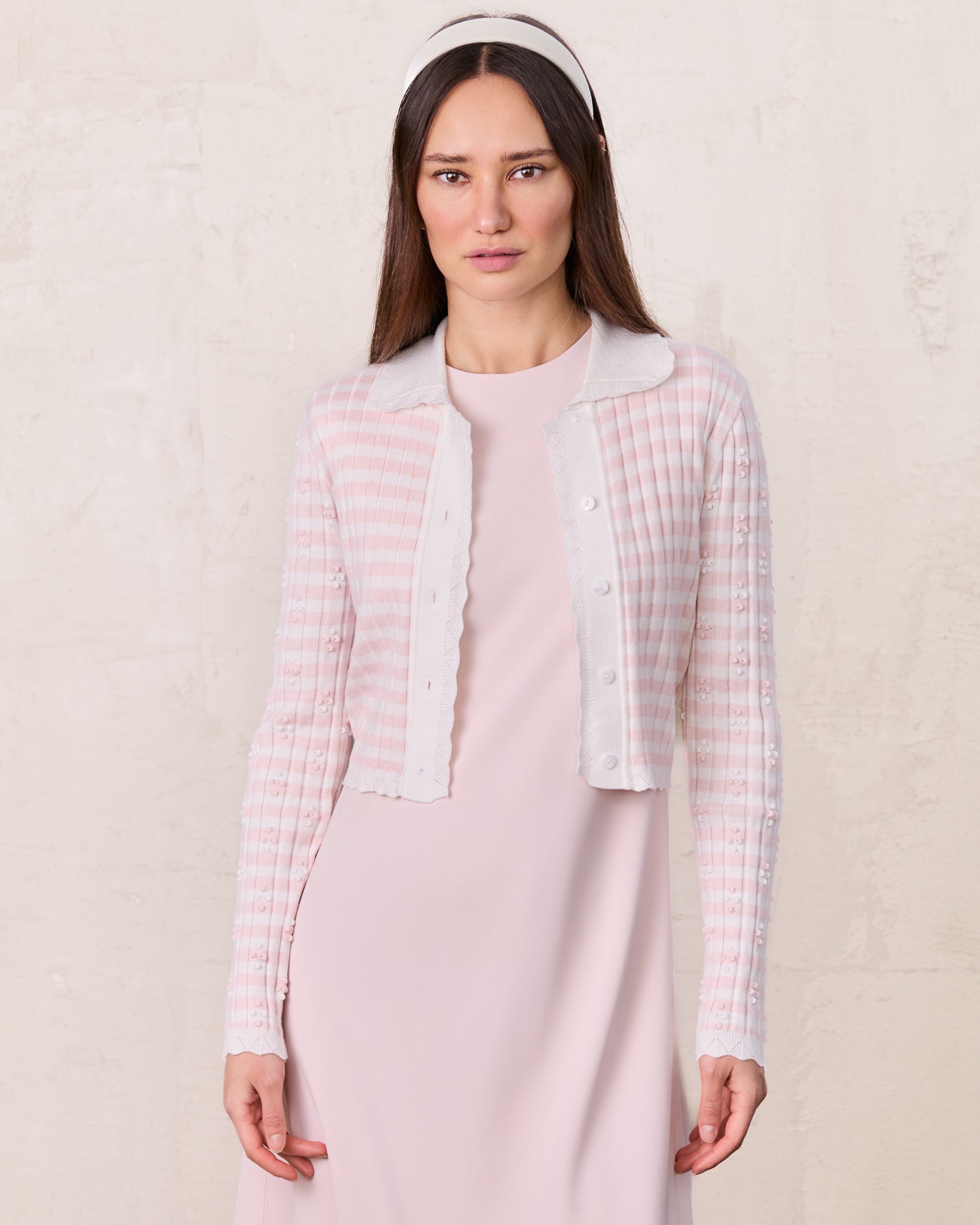 Striped Scalloped Edge Cardigan-Pink/White