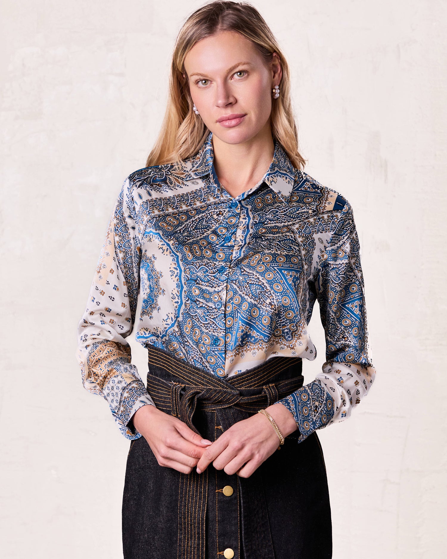 Button Down Collared Blouse-Teal Faux Satin