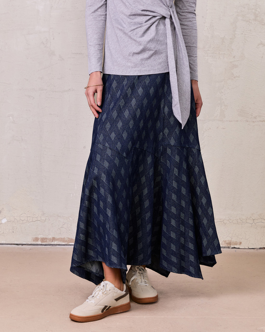 Printed Denim Trumpet Style Skirt-Diamond Weave