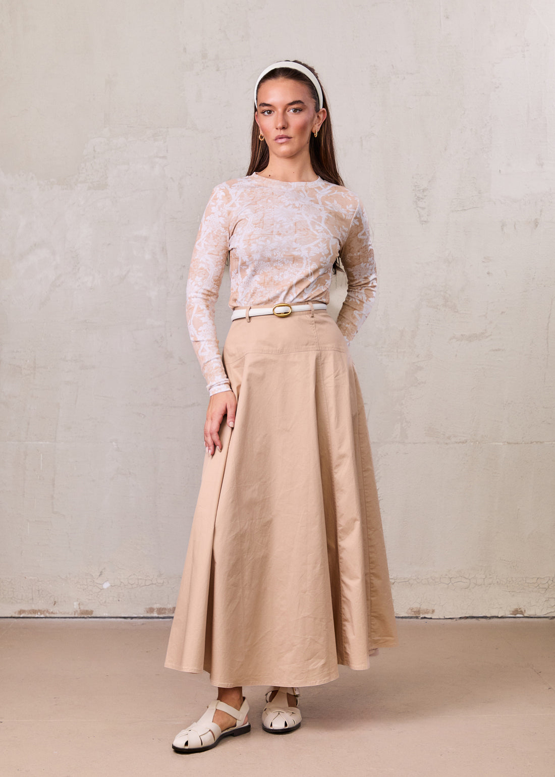 Cotton Yoke Circle Skirt-Tan