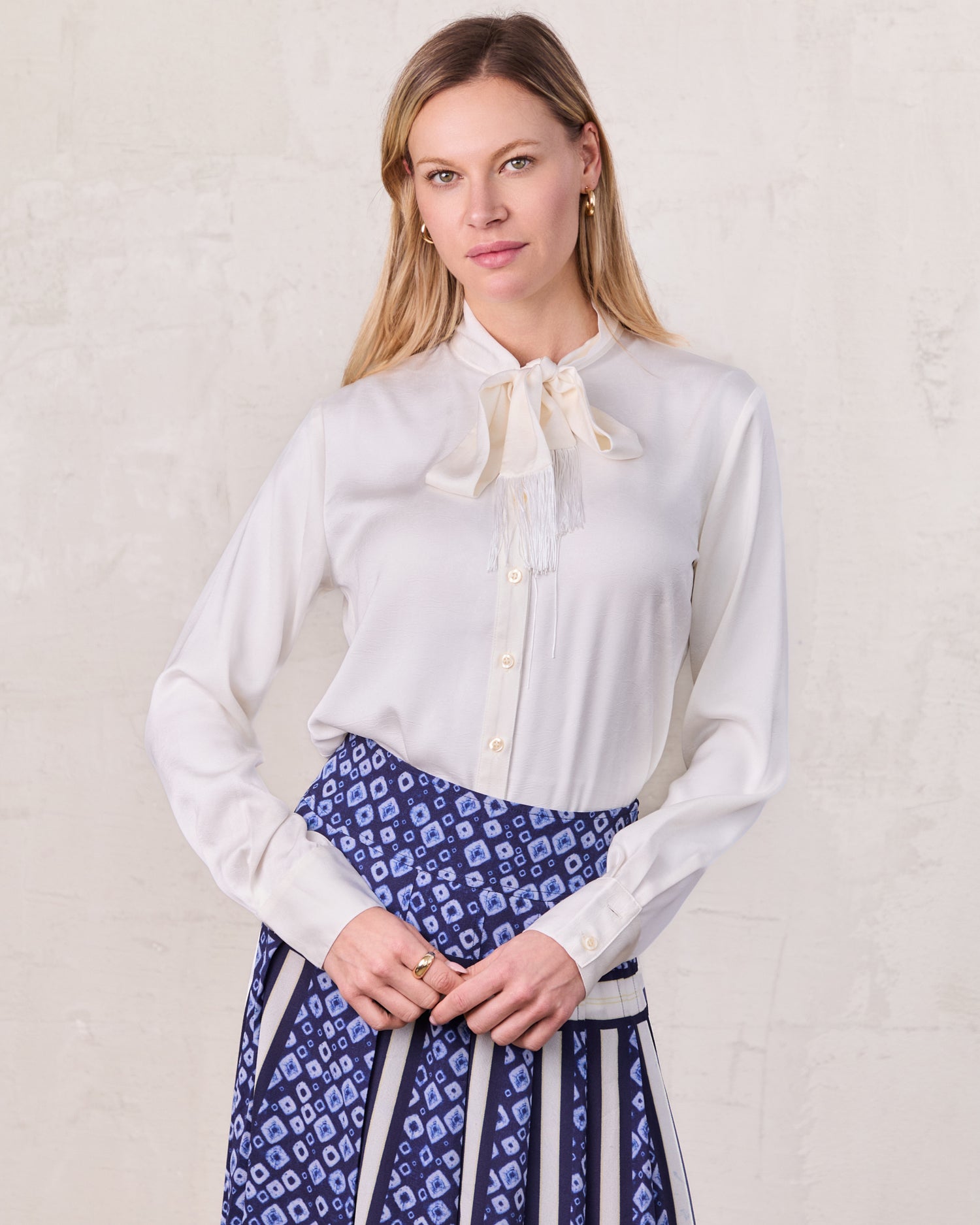 Fringe Bow Blouse-Cream