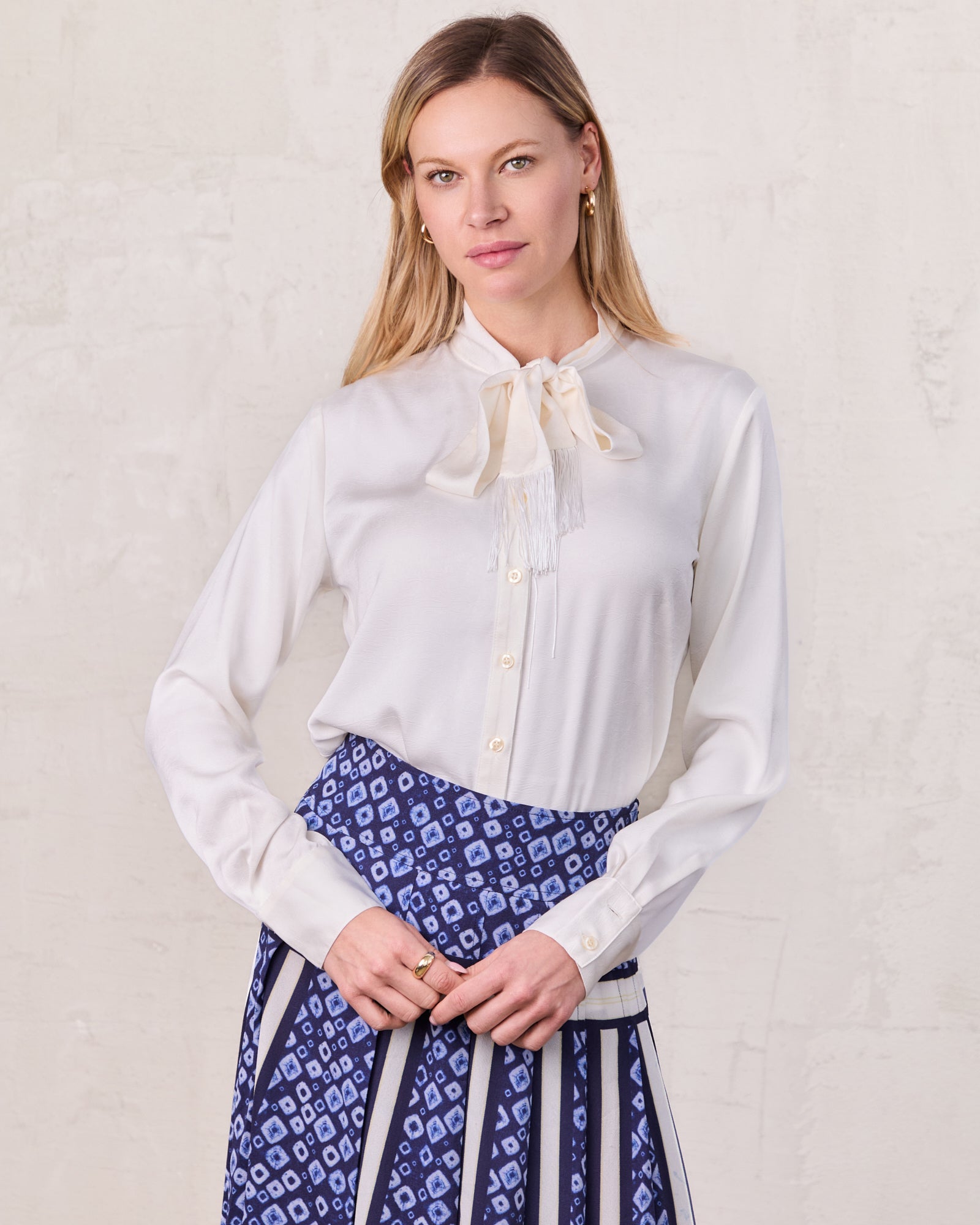 Fringe Bow Blouse-Cream